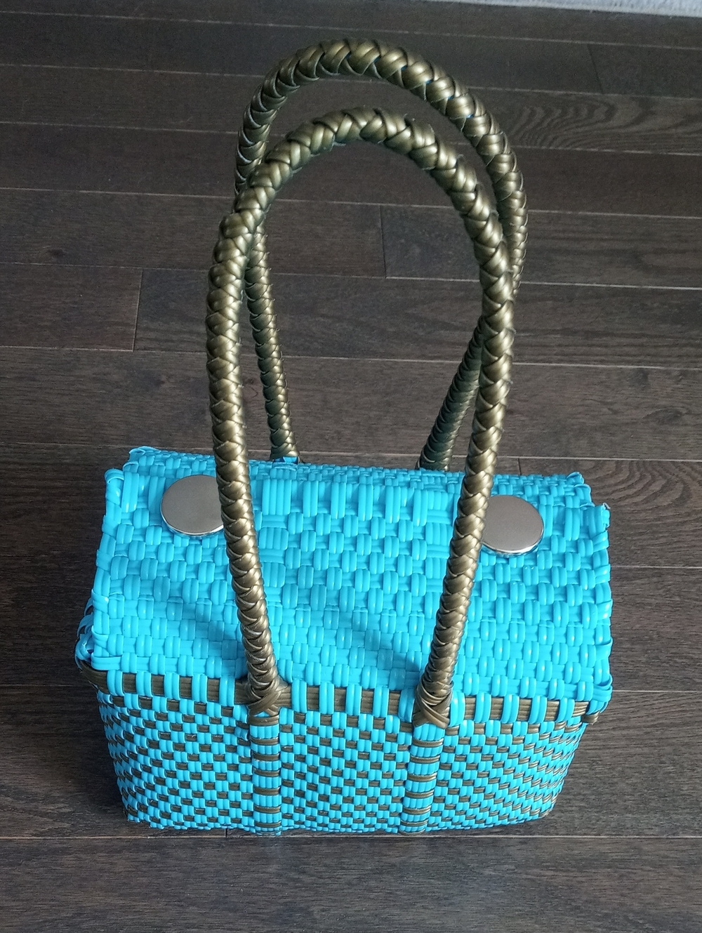 Handwoven Turquoise & Bronze Tote Bag with Braided Straps